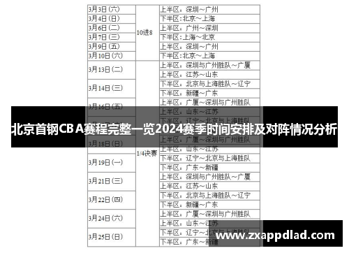 北京首钢CBA赛程完整一览2024赛季时间安排及对阵情况分析